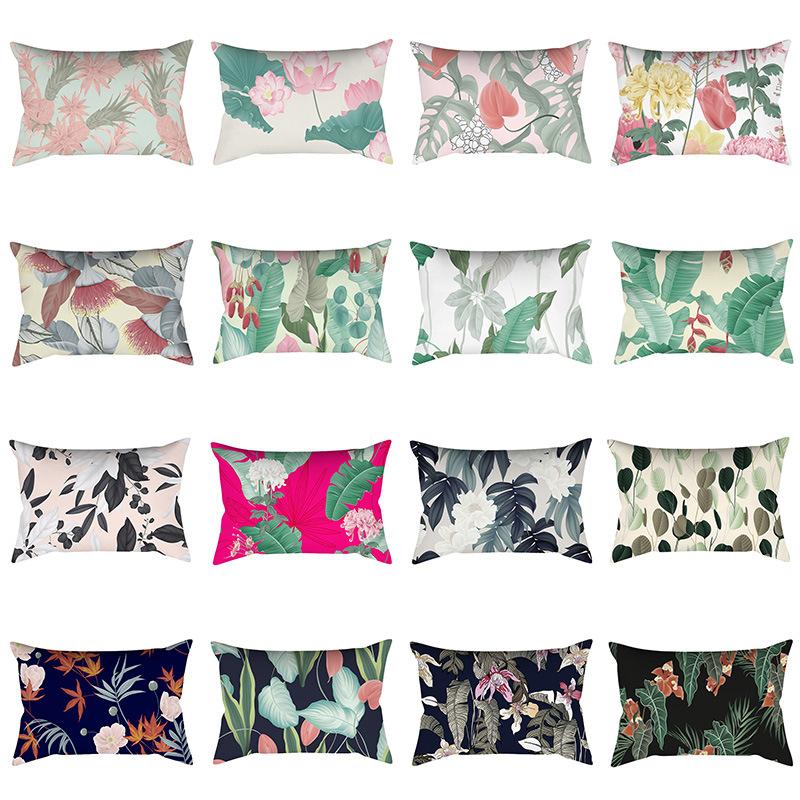 Home Flower and Green Plant Rectangular Waist Pillowcase, Peach Skin Velvet Digital Printed Throw Pillow, Office Waist Cushion Cover