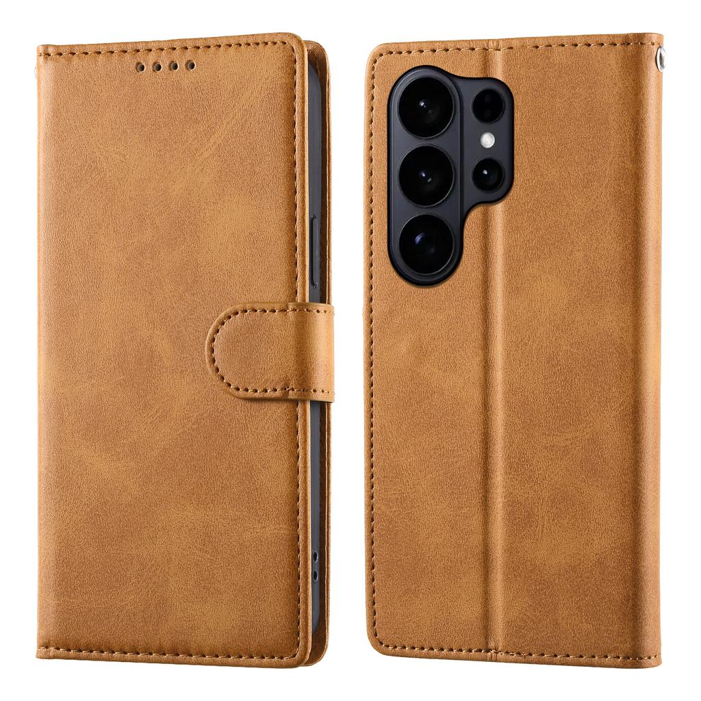 For Samsung Galaxy S26 Ultra Case Stand Wallet Calf Texture PU Leather Flip Phone Cover with Wrist Strap