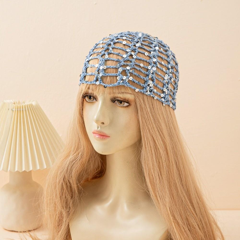 Casual Hollowed Out Sequined Pullover Hats Sequined Design Vintage Style Hollow Knit Beanie Beanie Hat for Women светло-синий