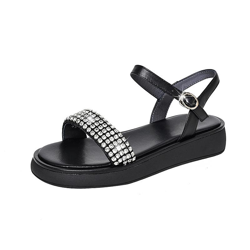 Komfort Kristall Keilsandalen Frau Sommer Mode Strass Klobige Plateau Leder Dicke Sohle Schnalle Causal Schuhe