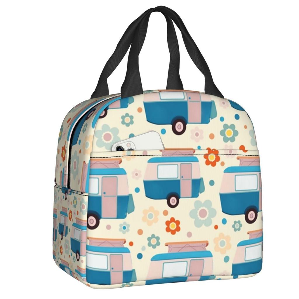 Colourful Vintage Caravans And Flowers Pattern Thermal Insulated Lunch Bags Women Happy Campers Portable Lunch Tote Food Box