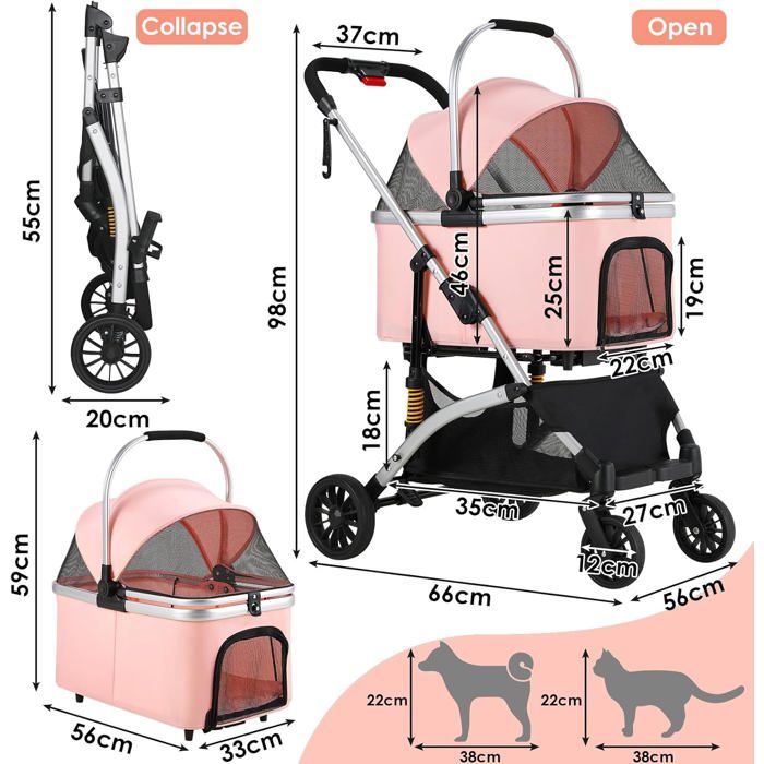 Poussette chien chat pliable 3 en 1, poussette animaux avec roues 360°, panier rangement, fenêtre maille, porte-gobelet