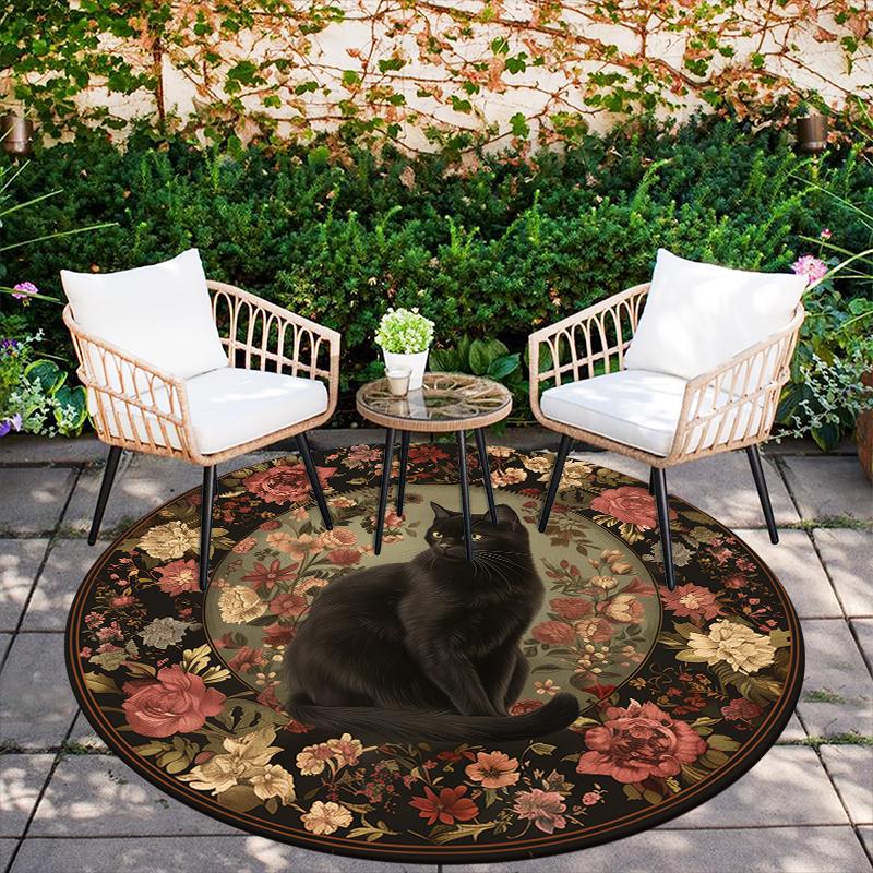 Cat and Vintage Flowers pattern round rug,Carpet Rug for Living Room Bedroom Sofa Playroom Decor,Non-slip Floor Mat,Holiday Gifts and Birthday Gifts.