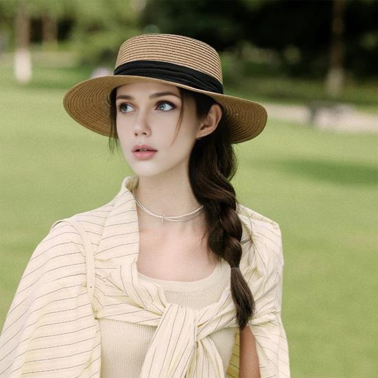 Flat Straw Hat Natural Straw Weaving Wide Brim Sun Hat Summer Beach Sun Protection Hat with Ribbon Bow
