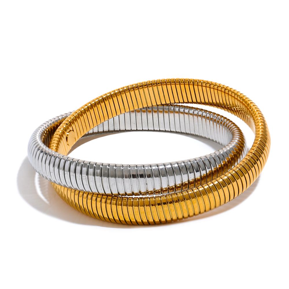 

Yhpup Waterproof Stainless Steel Elastic Thick Metal Punk Bracelet Bangle 18K Gold Plated Fashion Women Trendy Jewelry Bijoux