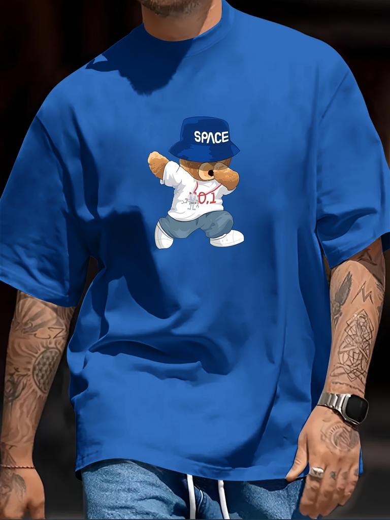 Playful And Quirky Bear Printed, Men's Casual Trendy Fashion Crew Neck T-shirt For Summer And Spring