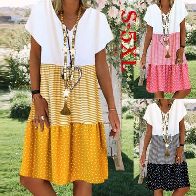 Mode Frauen Casual Lose Streifen Dot Patchwork V-ausschnitt Kurze Ärmel Kleid
