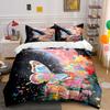 Whimsical Garden Bedding Set, Large Watercolor Butterfly with Pink Clouds and Flowers Print Duvet Cover, Dreamy Bedroom Decor