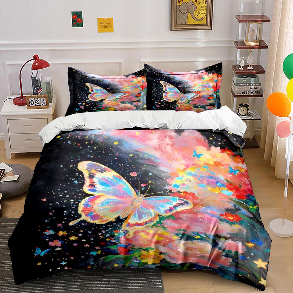Whimsical Garden Bedding Set, Large Watercolor Butterfly with Pink Clouds and Flowers Print Duvet Cover, Dreamy Bedroom Decor