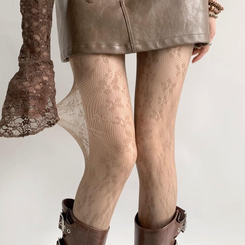 

Женские сексуальные кофейные сетчатые колготки с вырезами Y2k Лолита нейлоновые прозрачные кружевные чулки новый цветочный узор коричневые сетчатые колготки One Size