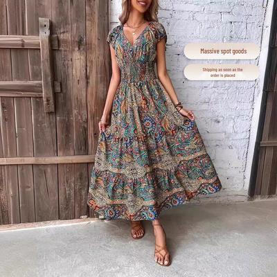 2024 French Bohemian Holiday Print Midi Dress