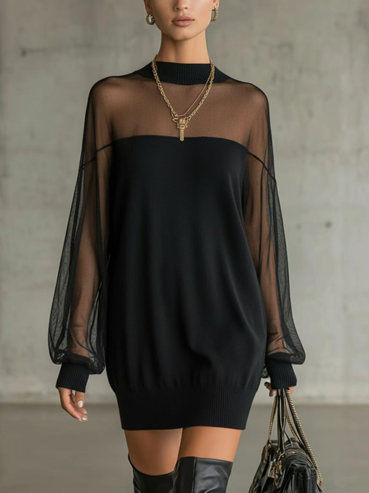 

European Mesh Patchwork Sheer Long Sleeve Pullover Dress 3XL чёрный