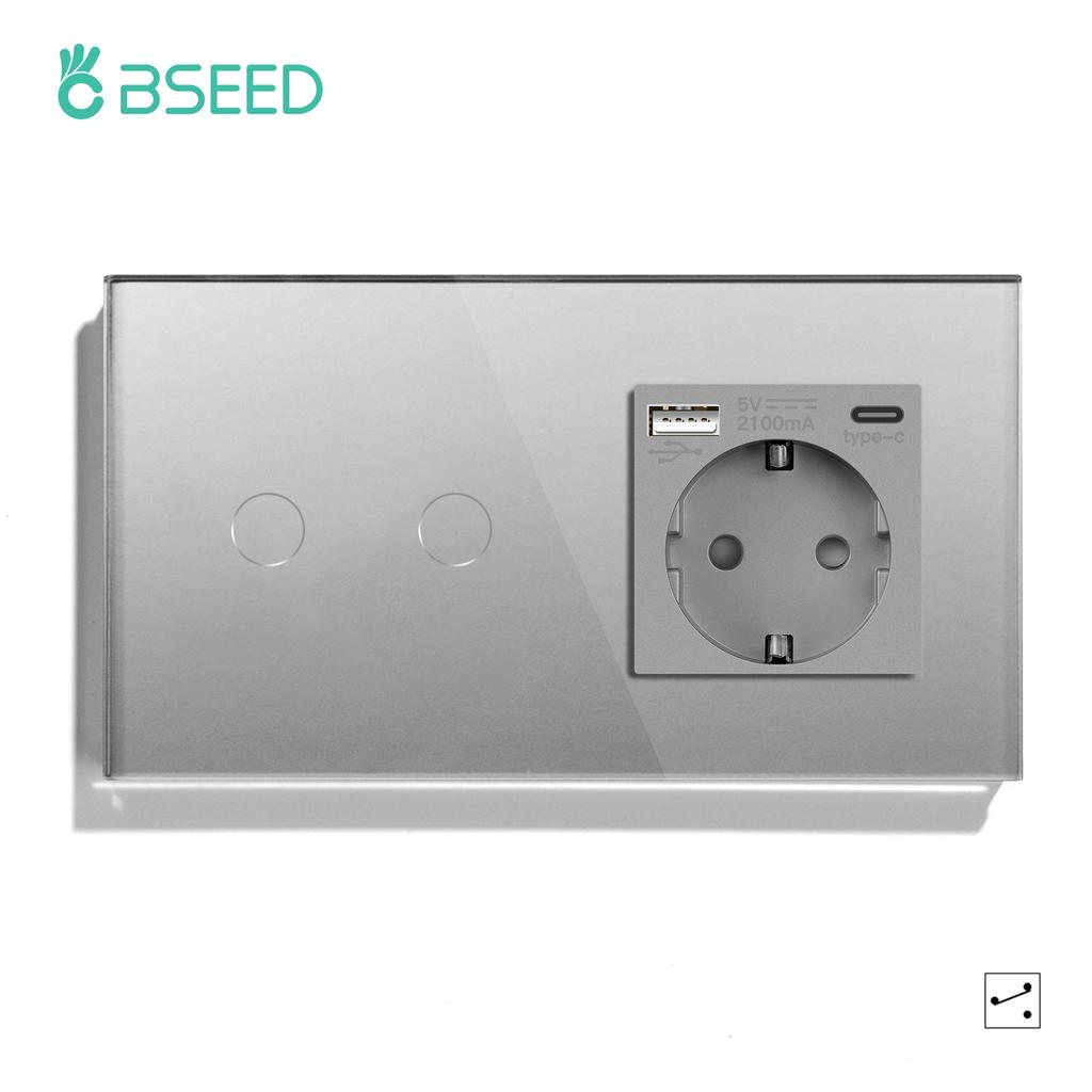 BSEED 1/2/3Gang Touch Light Switches 1/2/3Way Stair Sensor Switches For Hallway Corridor With Socket EU Standard Glass Panels