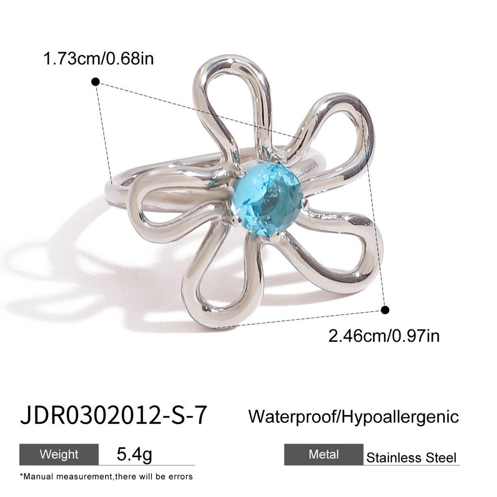 Youthway Minimalist Statement Metal Irregular Flower Colored Zircon Hollow Ring Stainless Steel Waterproof Fashion Jewelry Gift