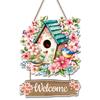 Spring Wreath Welcome Wooden Door Sign With Floral Design And Birdhouse - Farmhouse Home Decor And Rustic Wooden Hanging Plaque