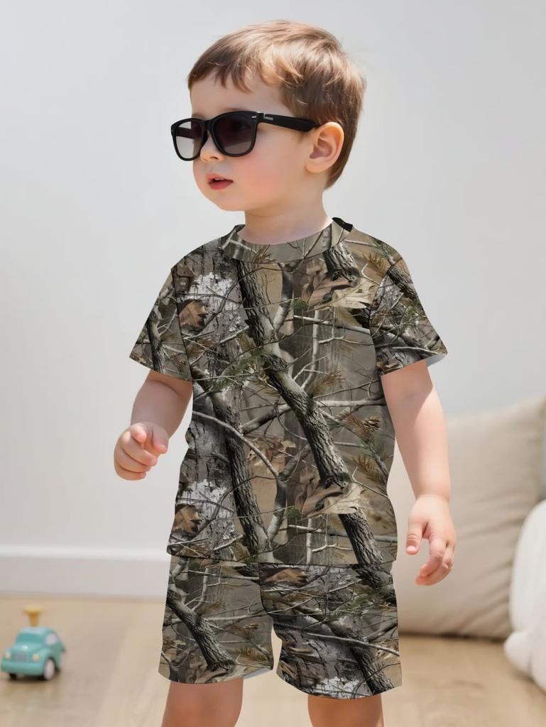 Camouflage Hunting Boys Set Forest Print Sport Short Sleeve Shorts 2-Piece Set Trip Tactical Training Oversize Top Kids Clothing