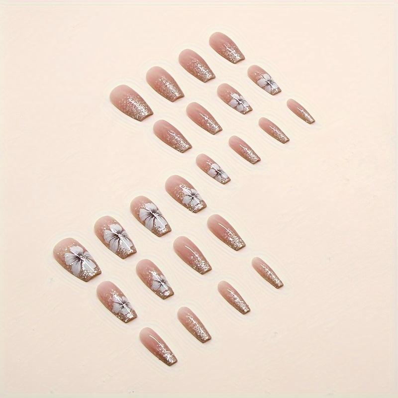 24pcs Long Ballerina Shape Press On Nails, Fake Nail With Flower Decor, Glitter Full Cover Nails For Women