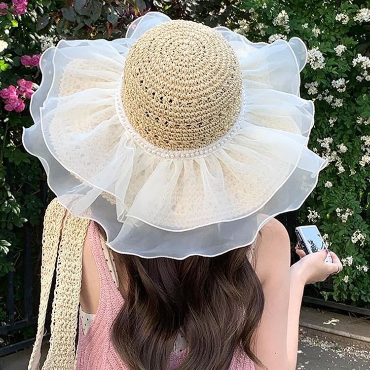 Fairy organza new summer straw hat pearl sunshade sun hat seaside beach hat sunscreen hat