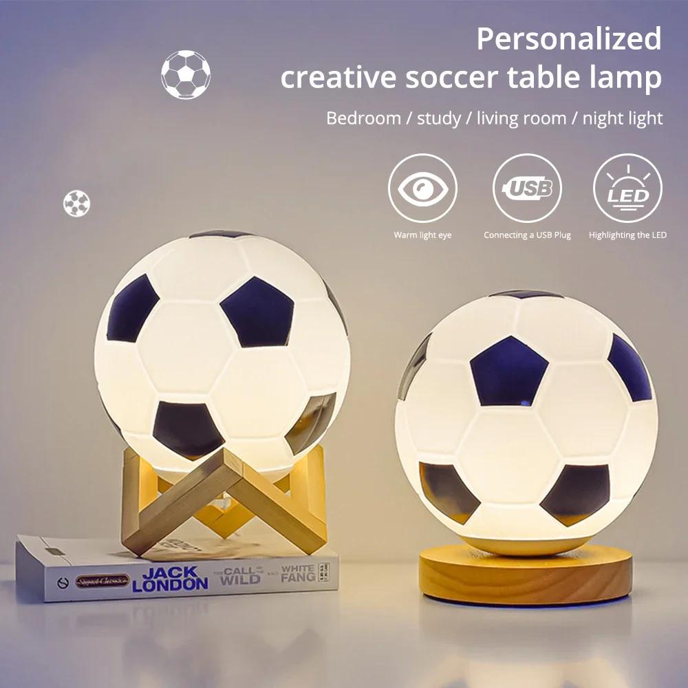 Football Night Light USB Warm White LED Circular Solid Wood Glass Small Table Lamp Bedsid Bedroom Study Decoration Illumination
