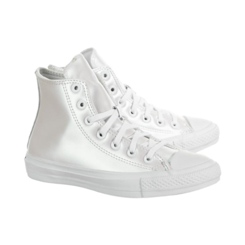 Converse Chuck Taylor All Star Iridescent Leather Non-slip and Abrasion Resistant High-Top Board Shoes Women's Silver White