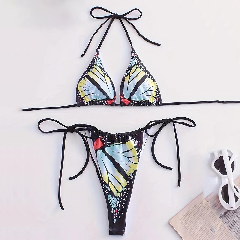 Damen 3-teiliger Badeanzug mit Schmetterlingsdruck, tiefem V-Ausschnitt und rückenfrei