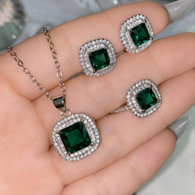 Elegant CZ Gemstone Pendant Necklace Set With Earrings Ring Women Blue Red Yellow Green Purple White Zircon Jewelry
