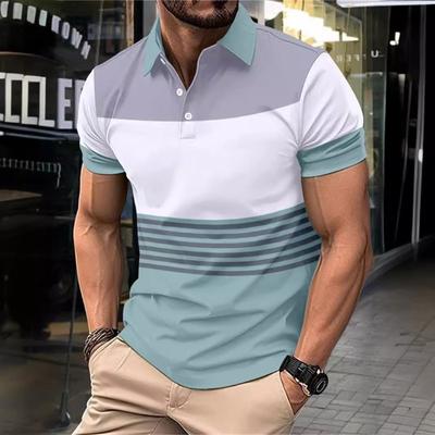 Polo Décontracté pour Homme avec Impression Numérique Boutons Rayés Haut à Revers T-shirt