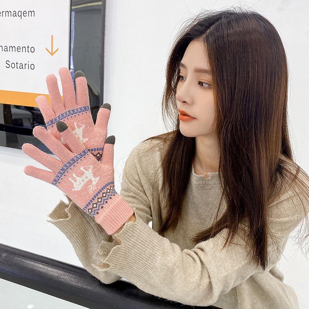 Cute  Stripe Dots Knitted Deer Women Gloves Christmas Winter Gloves Korean Mittens