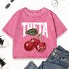 Theta Cherry Since 1870 Printed Womens Washed T Shirt Cotton Soft Crewneck Tops Summer Slim Streetwear