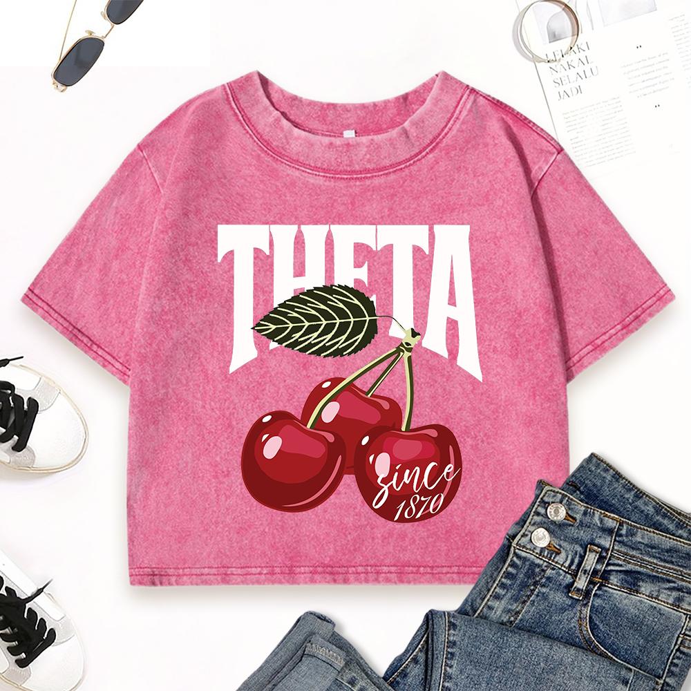 Theta Cherry Since 1870 Printed Womens Washed T Shirt Cotton Soft Crewneck Tops Summer Slim Streetwear