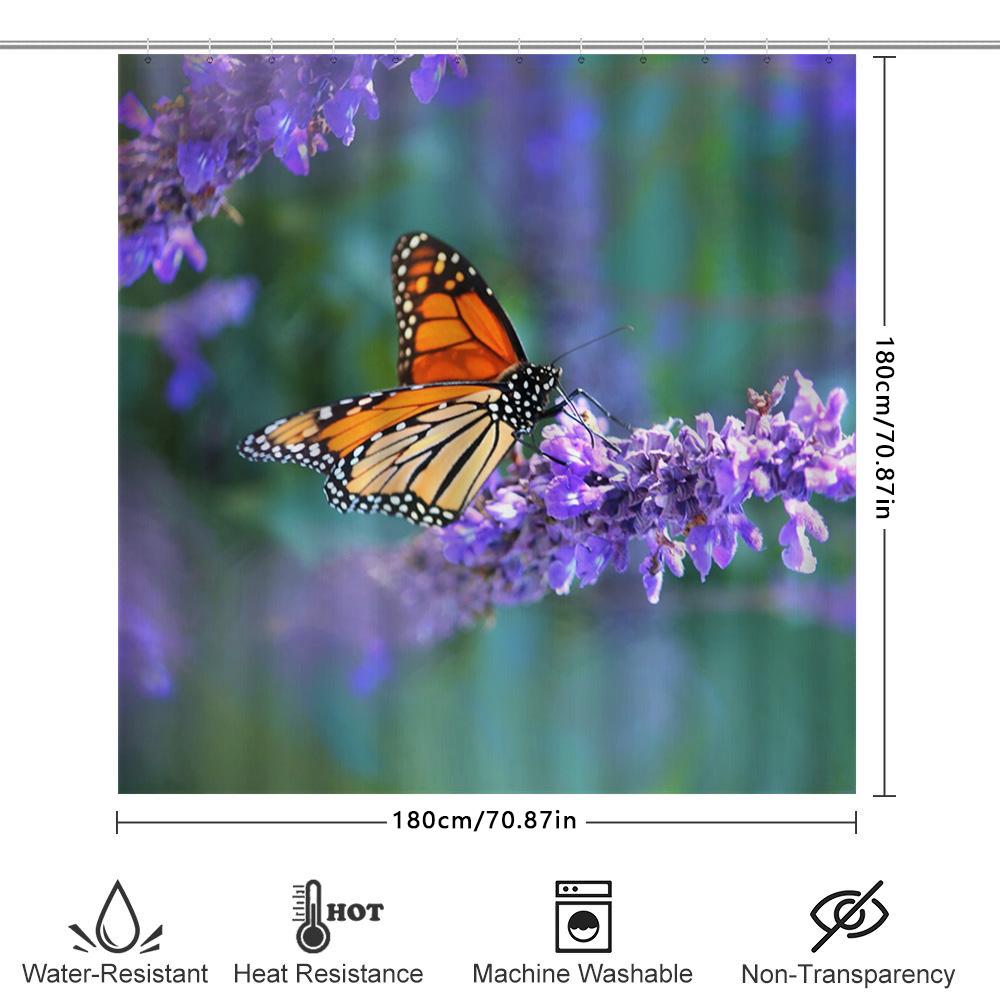 Monarch Butterfly Lavender Bath Shower Curtain Floral Home Decor Waterproof Printing for Bathroom Decoration Purple 3D Digital P