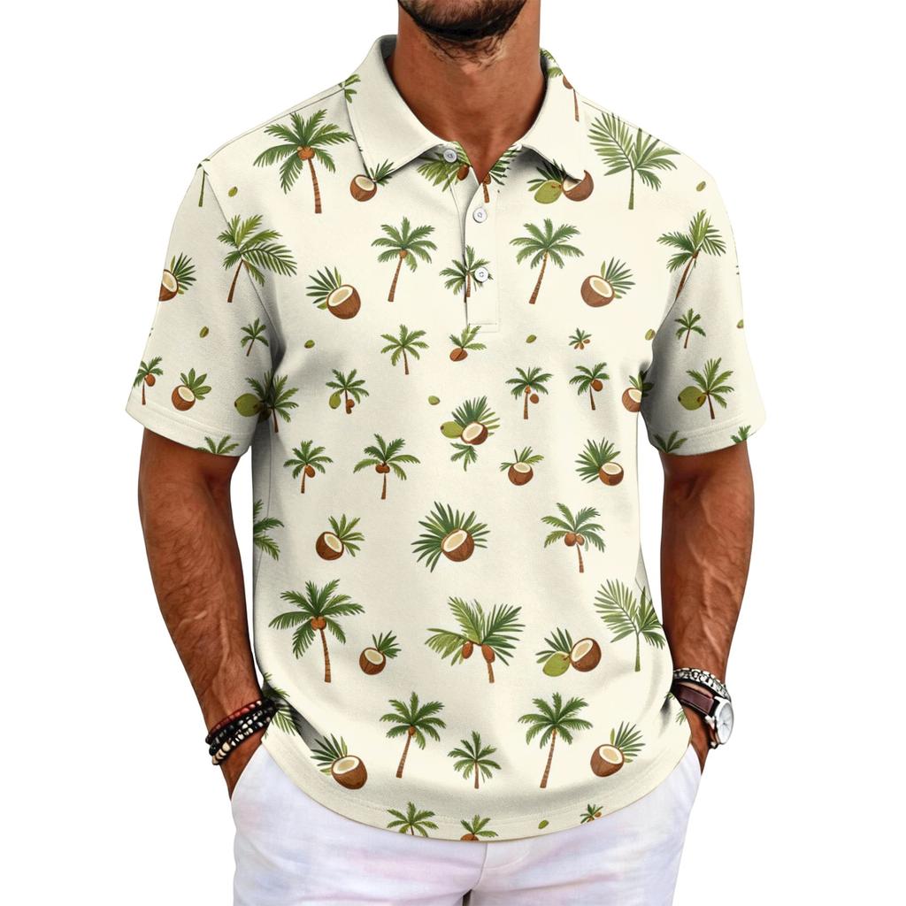 Men's Hawaiian Style Short Sleeve Polo Shirt Loose Fit Casual Top with and Geometric Print for Everyday Wear