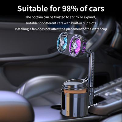 Ventilateur de voiture Porte-gobelet avec 3 vitesses Lumières colorées, 12V 24V Rotatif à 360 degrés Alimenté par USB Véhicule