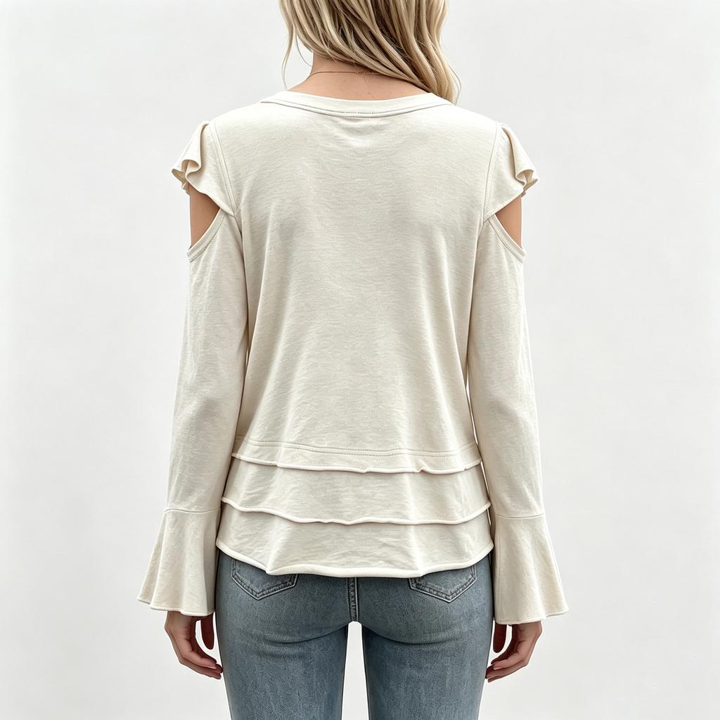 Women's Fashion Casual Long Sleeve Top with Off-Shoulder Ruffle and Hem