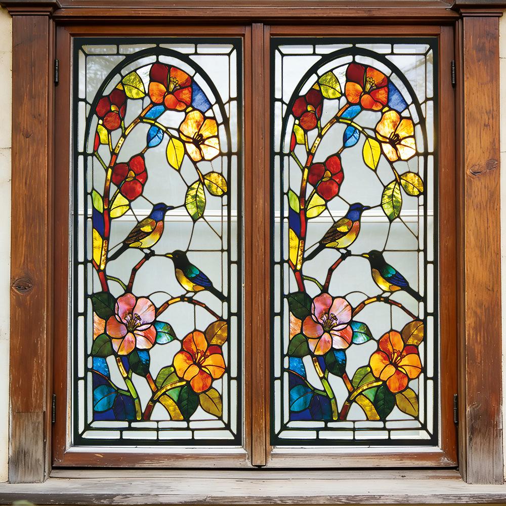 Adesivo per Vetro Finestra Espositore Balcone Esterno con Motivo Floreale e di Uccelli Retro
