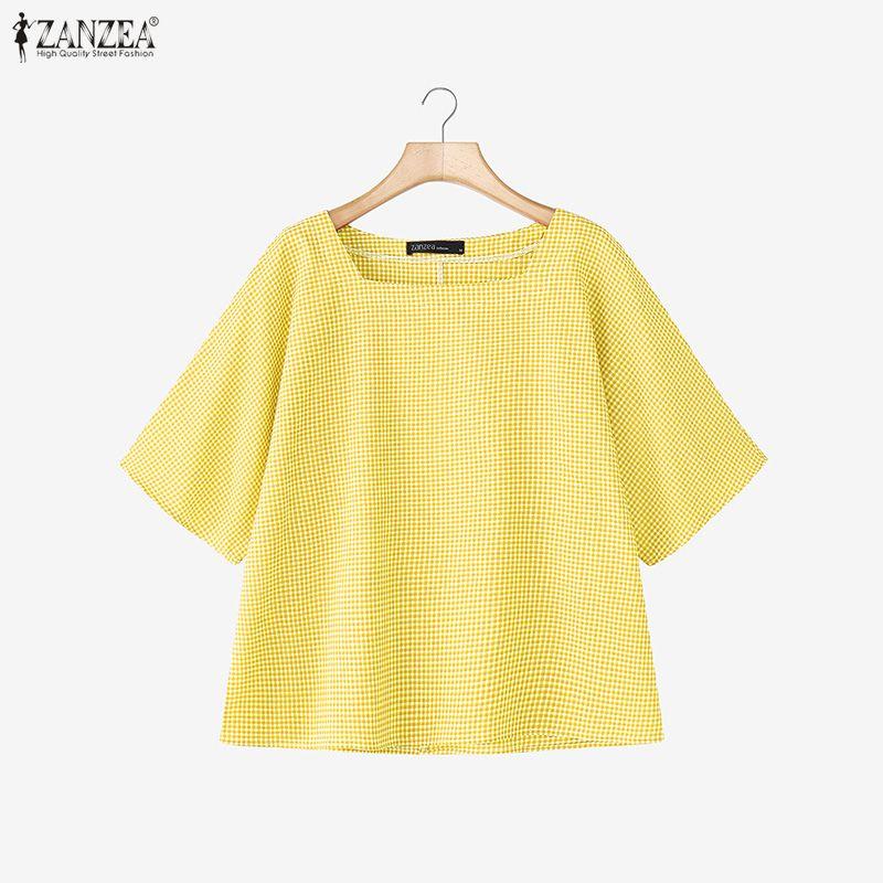 ZANZEA Women Casual Square Collar Half Sleeve Plaid Print Blouse Tops