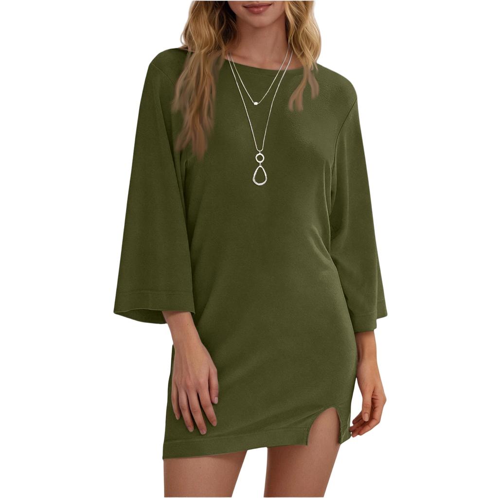 Women's Fashion Casual Hems Split Dress Solided Color Round Neck Sleeve Dress