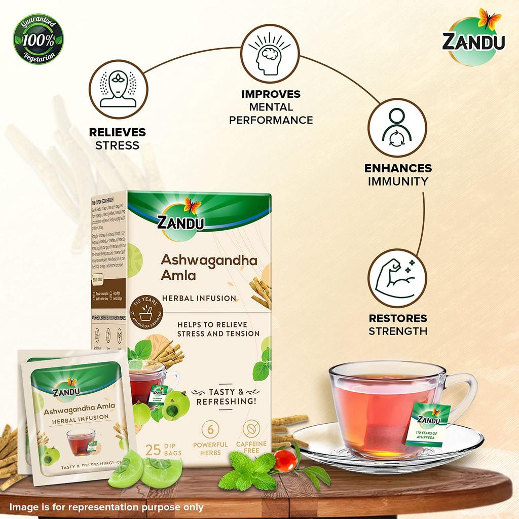 Zandu Ashwagandha Amla Ayurvedic Herbal Tea 25 Tea Bags X Pack Of 2 | Relaxing Stress Relief Infusion