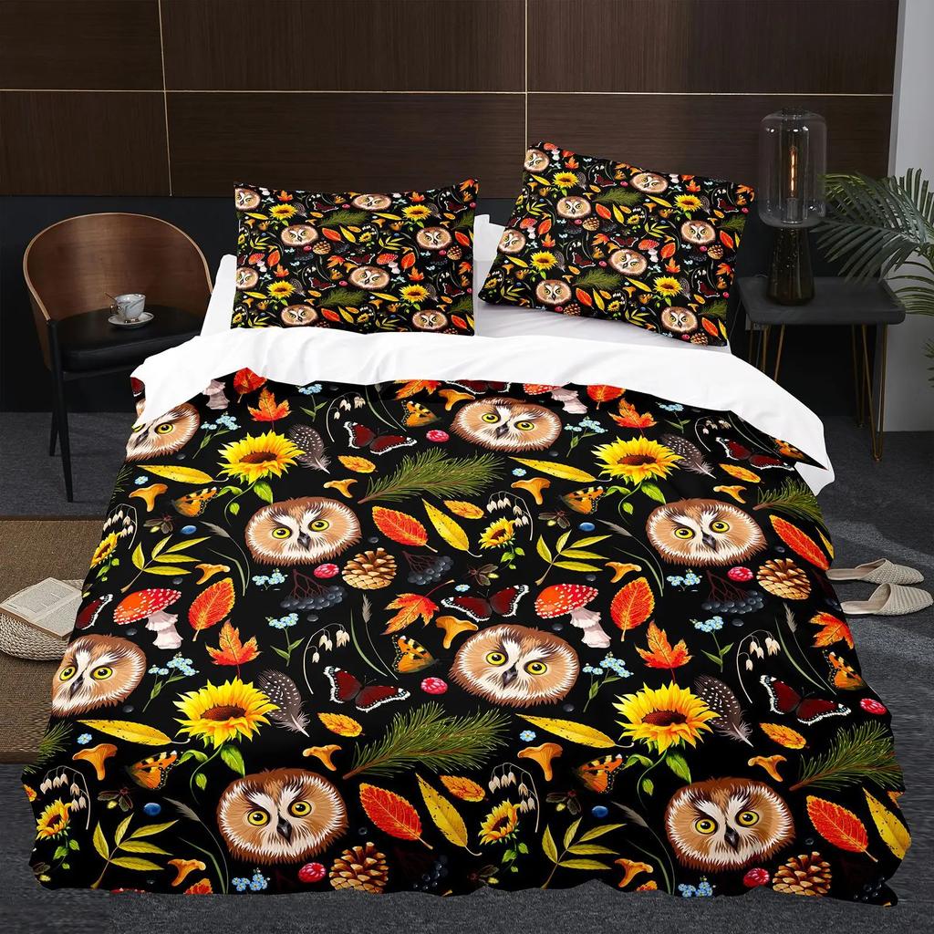 Owl Duvet Cover Set 3D Safari Wildlife Print Comforter Cover Bird Animal Personalized Nighthawk Queen Size Polyester Quilt Cover