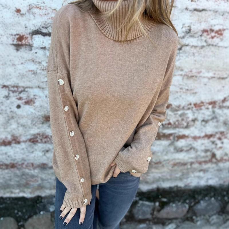 2026 Fall Winter Womens High Neck Button Knit Sweater Casual Solid Color Pullover