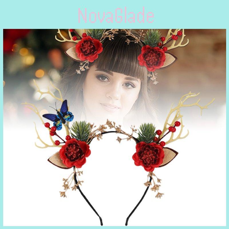 Enchanting Forest Style Antler Headband With Faux Flowers For Christmas Celebrations