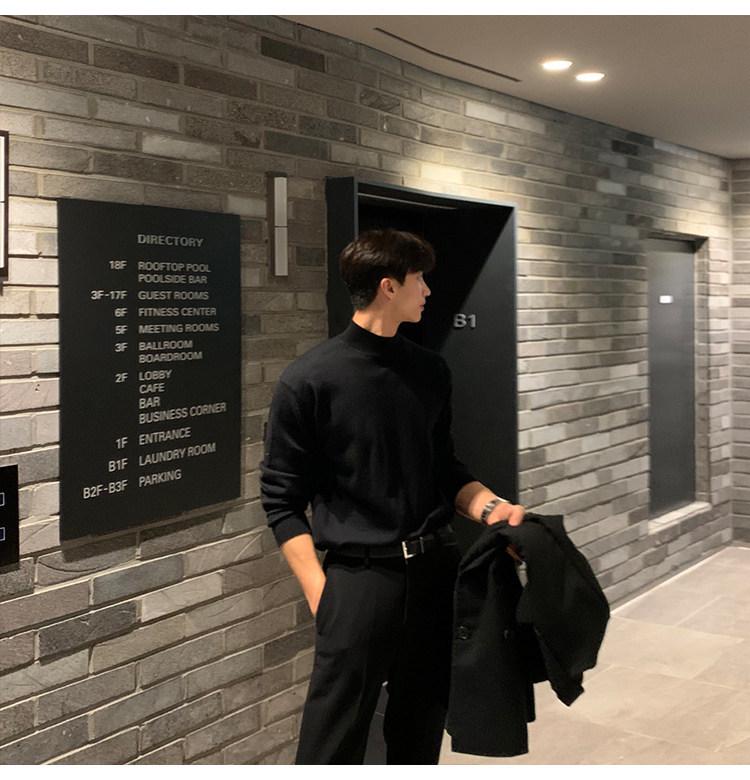 Men's Korean Style Mid-Neck Knit Sweater - Long Sleeve, Loose Fit, Solid Color, Autumn/Winter Layer