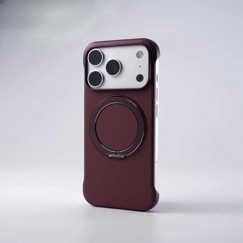 model of frameless leather grain ring holder Magnetic Case For iPhone17 Pro Max 16 15 14 Magsafe Thin Heat Hissipation Cover