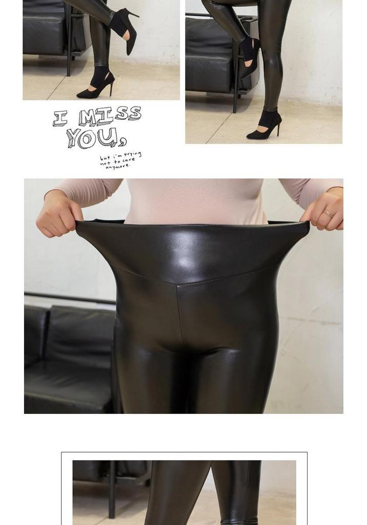 Damen Leggings mit Fleece-Futter, hoher Taille, aus PU-Leder, Übergröße