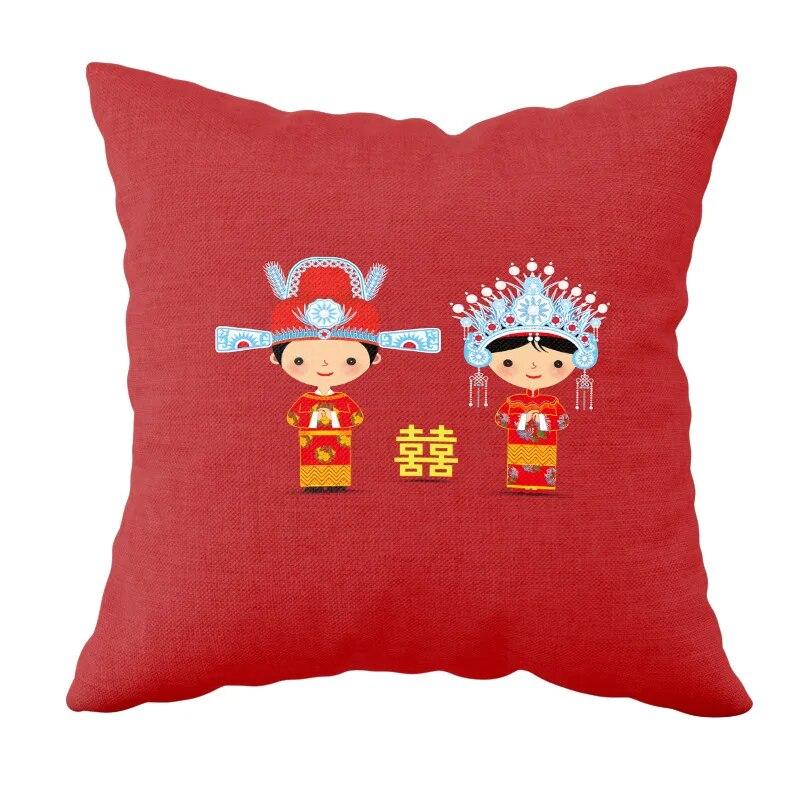 New Chinese Style Wedding Supplies Xi Word Hug Pillow Cover Peach Blossom Print Cushion Bed Square Headrest