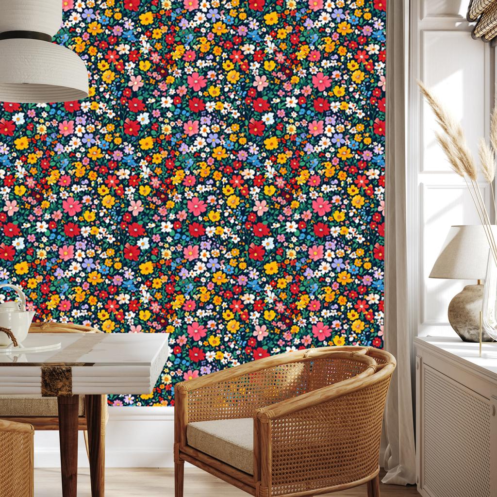 Wallpaper Small Flowers Turquoise and Red for Living Room and Bedroom 50x1000