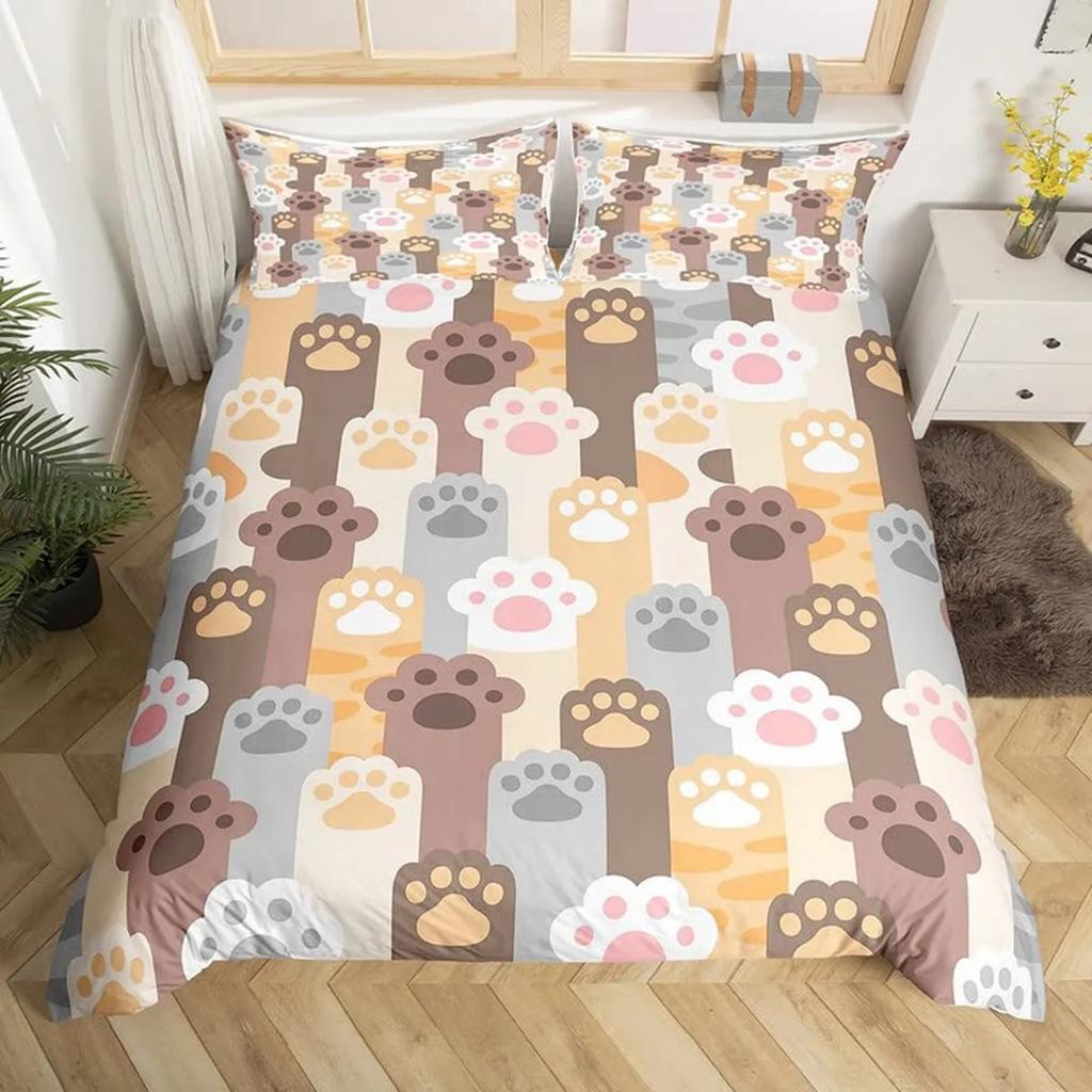 Blue Cartoon Cat Paw Print Duvet Cover For Children Boys And Girls Duvet Cover Cute Pet Cat For Bedroom Decorations Queen King