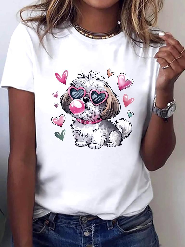Women's Shih Tzu with Heart Fashion Glasses Print T-Shirt Sleeve Crew Neck Casual Summer Sleeved Harajuku Women Streetwear Tops