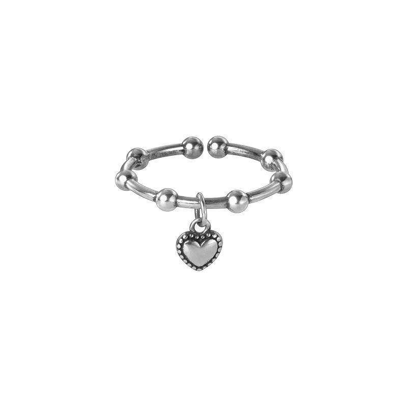 S925 Silver Retro Adjustable Geometric Heart Ring for Women: Japanese-Korean Style with Light Bead Accent