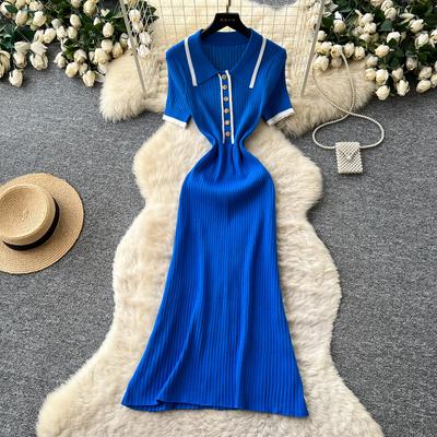 Summer Knitted Sweater Dress Polo Collar Bottoming Women Short Sleeve Casual High Waist Elastic Party Dresses